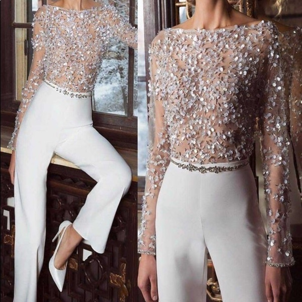 White Patchwork Grenadine Sequin Wide Leg Jumpsuit